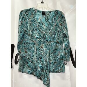 Vintage JTB Top 3/4 Sleeve Faux Wrap Stretch Paisley Blue Fairy Romantic Y2K Med